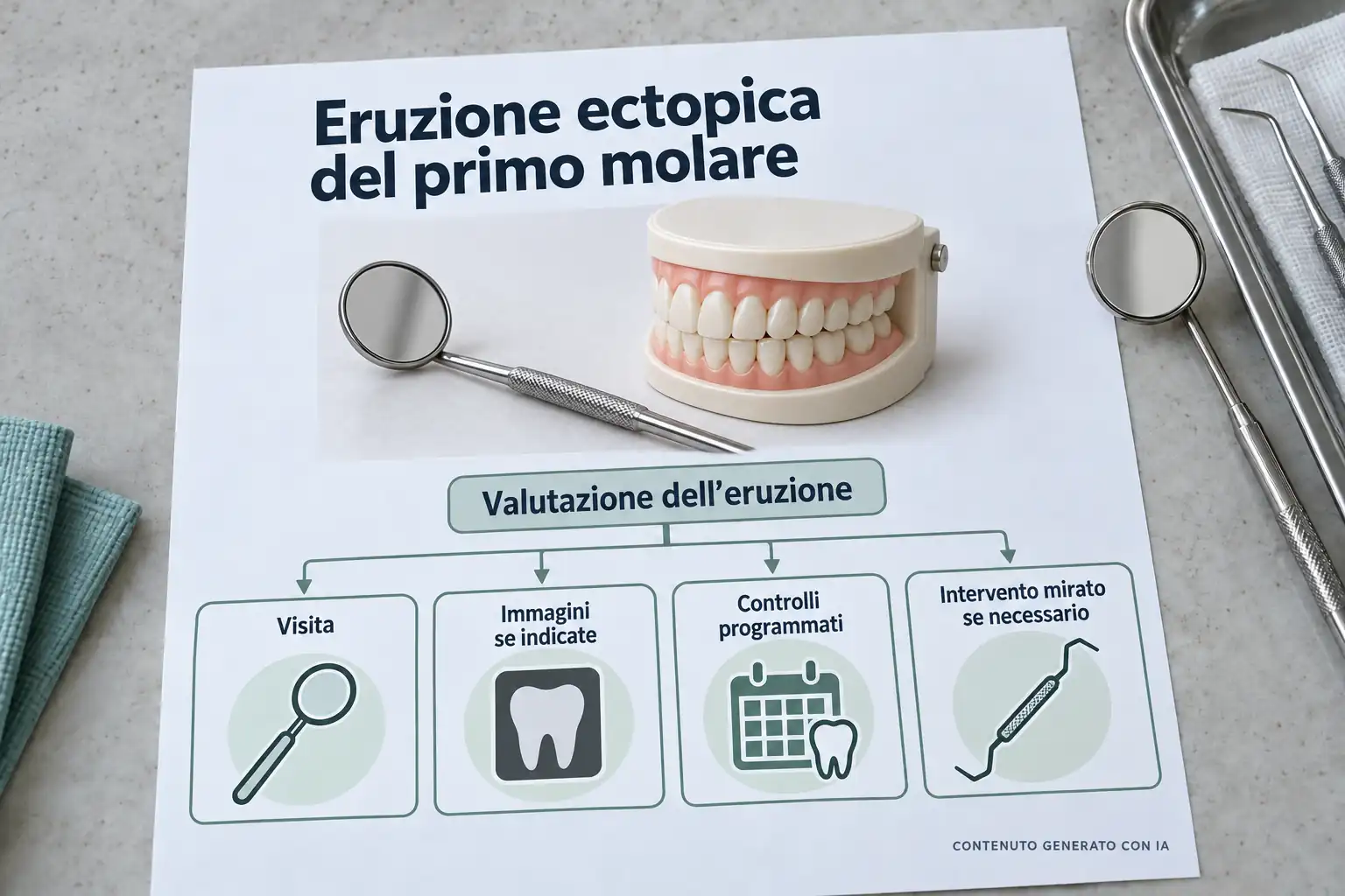 Una scheda descrive visita e immagini se indicate, controlli programmati e possibile intervento mirato, accanto a strumenti e modello dentale.