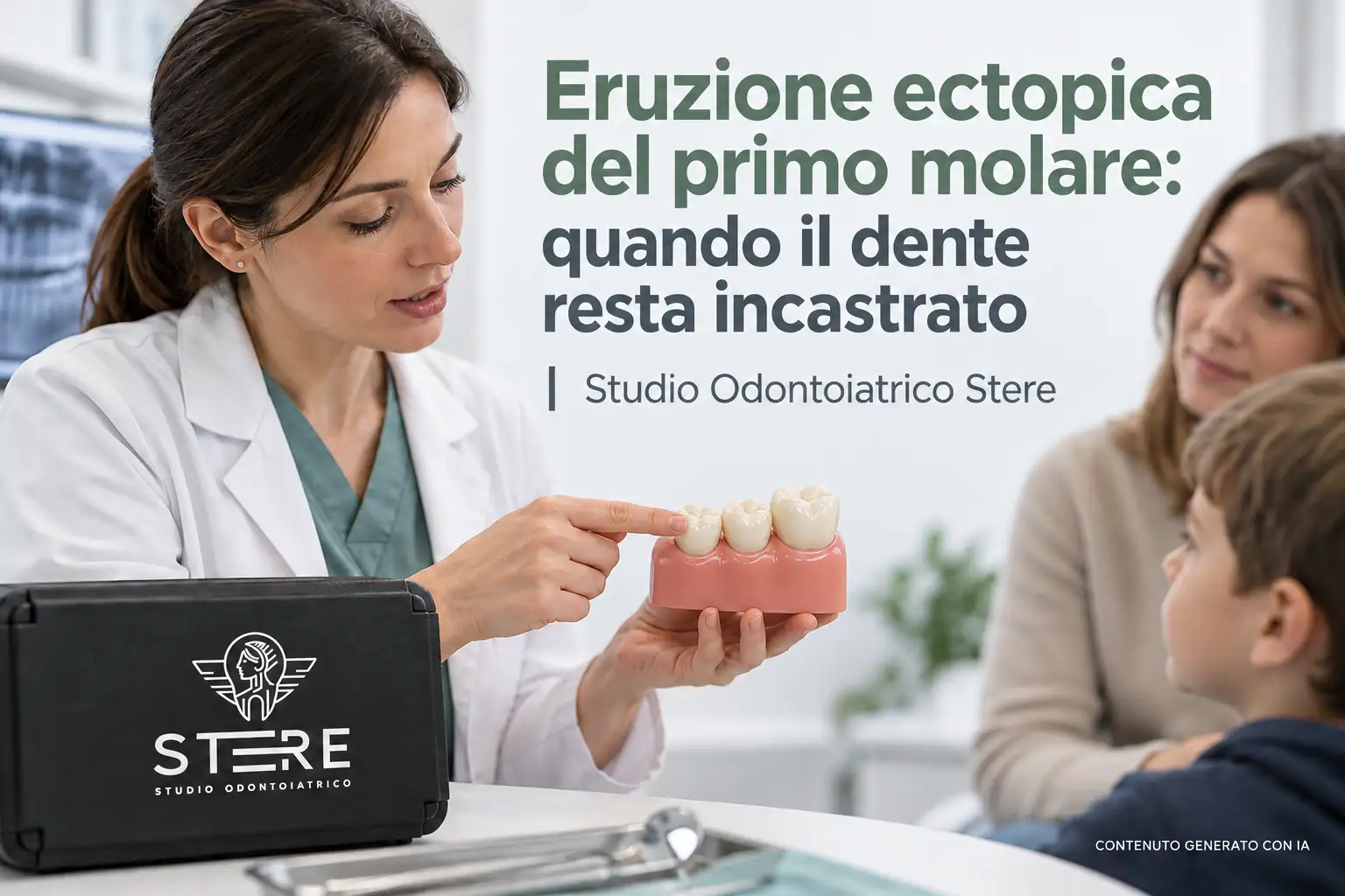 Una dentista spiega un modello dentale a madre e bambino accanto al titolo e al logo Stere; scena fotorealistica dichiarata generata con IA.