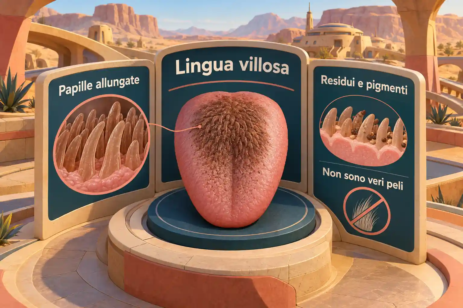 Un modello di lingua accompagna le indicazioni su papille allungate, residui e pigmenti, precisando che non si tratta di veri peli.