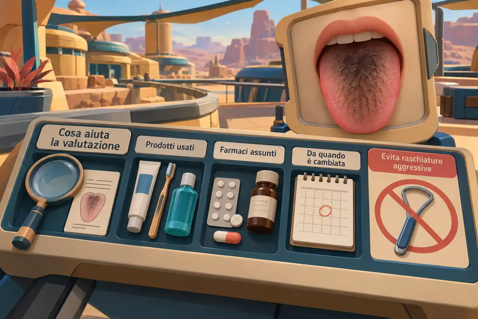 Una console di gioco presenta prodotti usati, farmaci e durata del cambiamento, con l'invito a evitare raschiamenti aggressivi.