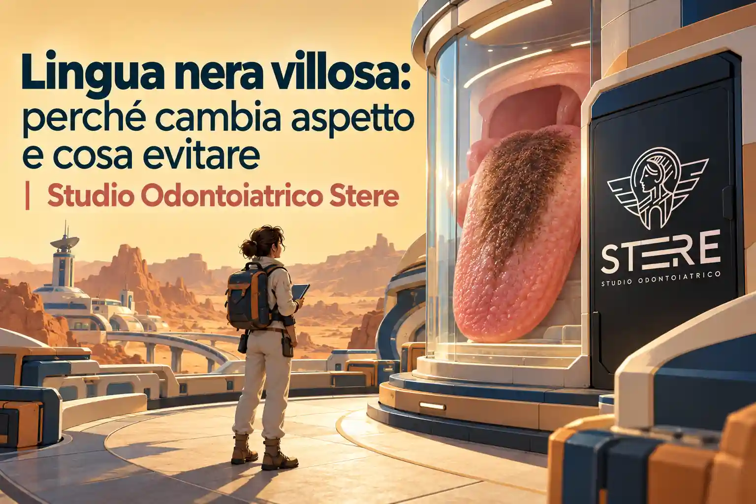 Un avventuriero affianca una teca con un modello di lingua sotto il titolo dell'articolo; il logo Stere compare sull'espositore.