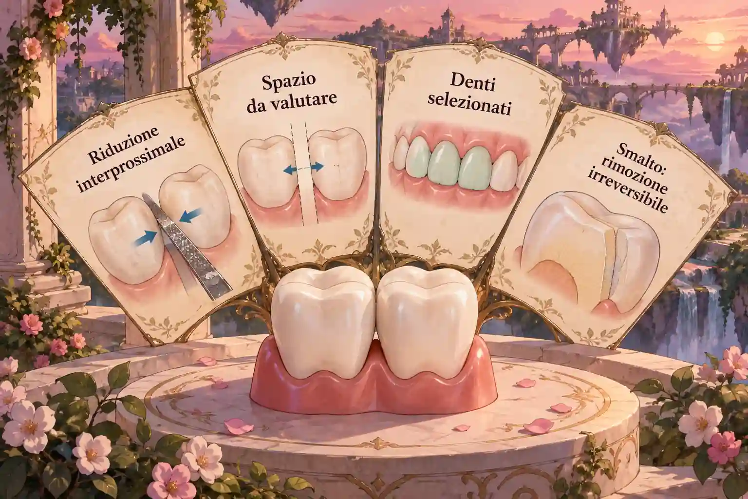 Quattro schede a ventaglio illustrano riduzione interprossimale, creazione di spazio, denti selezionati e irreversibilità sullo smalto.