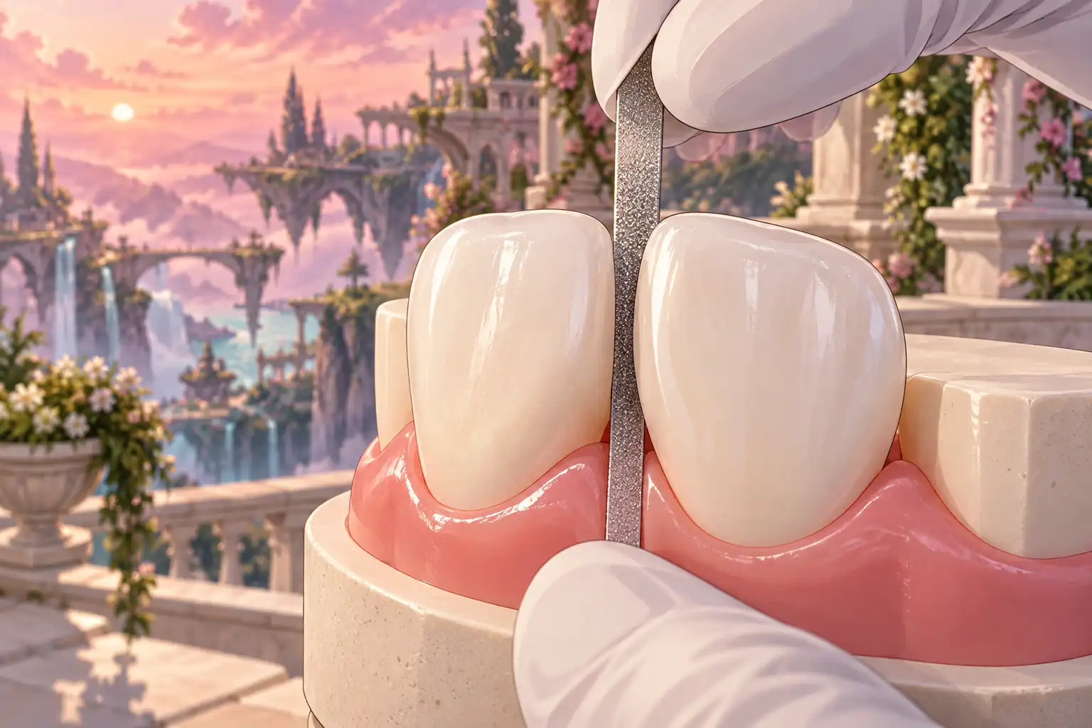 Mani guantate tengono una striscia abrasiva tra gli incisivi di un modello dentale illustrato in stile anime.