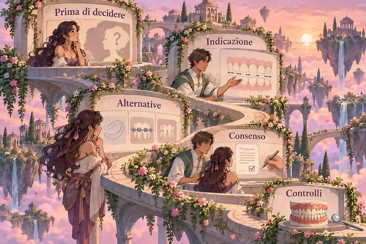 Terrazze fantasy disposte in curva riportano indicazione, alternative, consenso e controlli sotto la frase Prima di decidere.