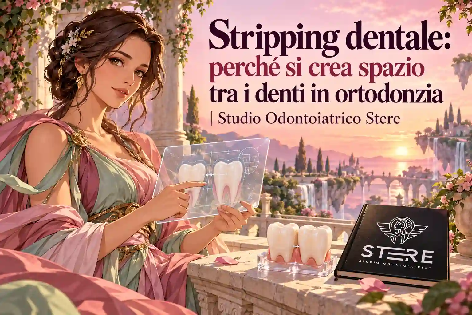 Una donna anime regge un disegno trasparente dei denti davanti a un modello di arcata, al titolo e a un libro con logo Stere.