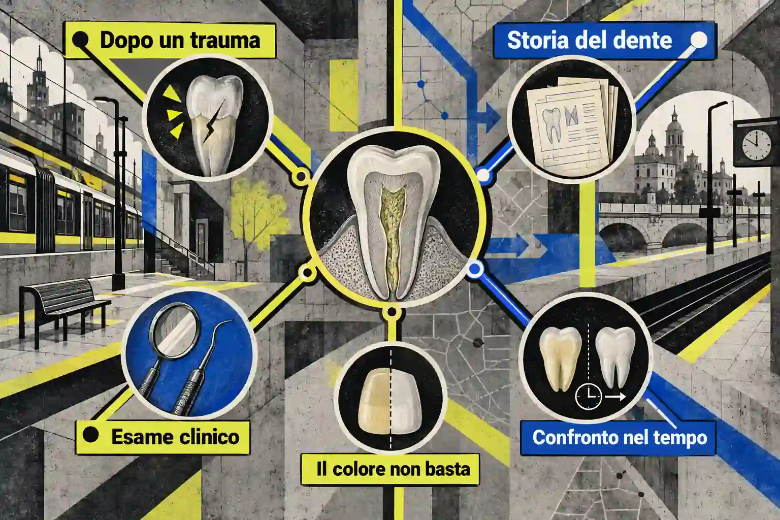 Un'infografica urbana collega trauma, storia, esame e tempo, ricordando che il colore del dente da solo non basta.