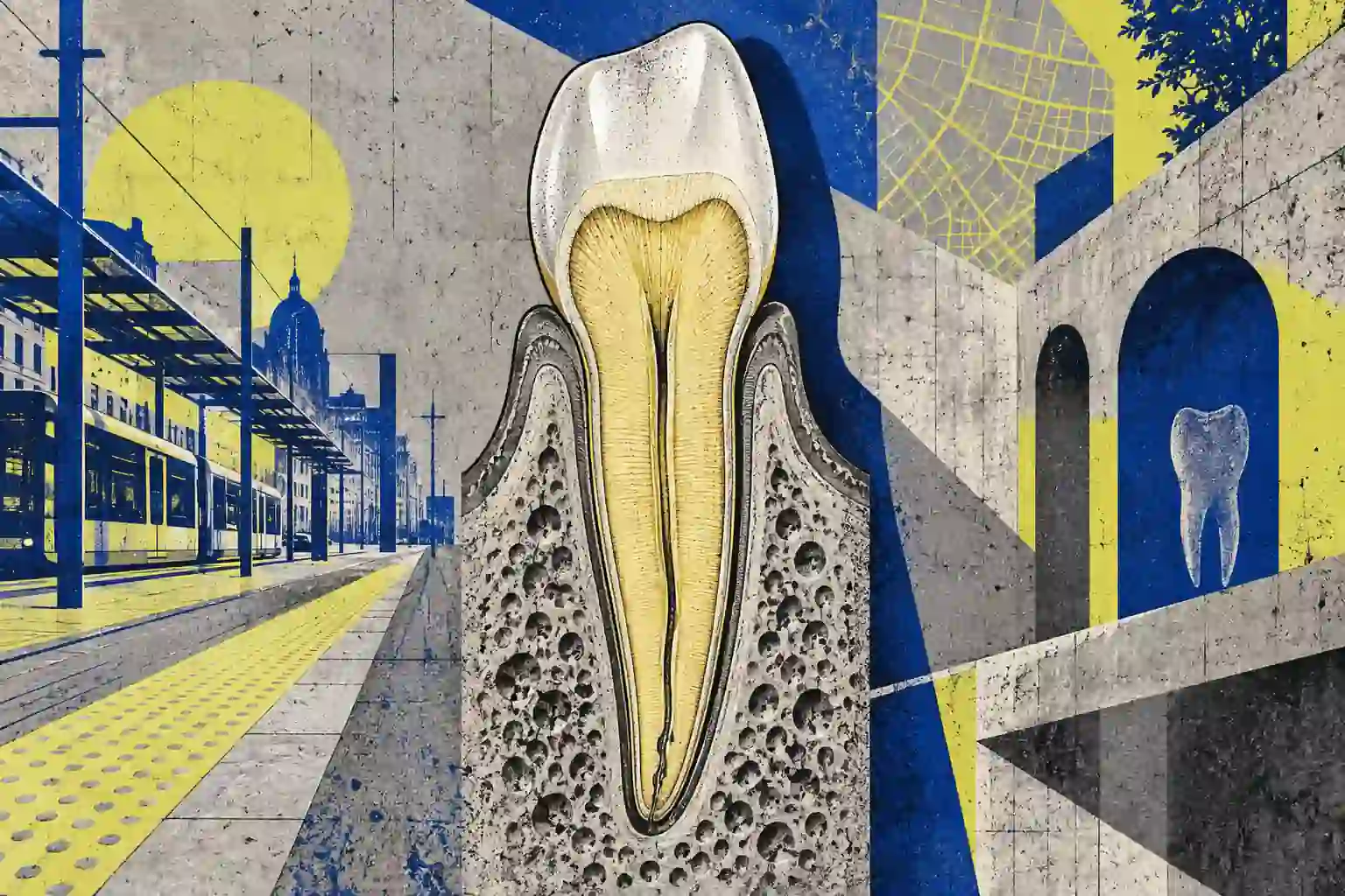 Un murale mostra un incisivo in sezione con dentina gialla e un sottile canale centrale su una parete di cemento.