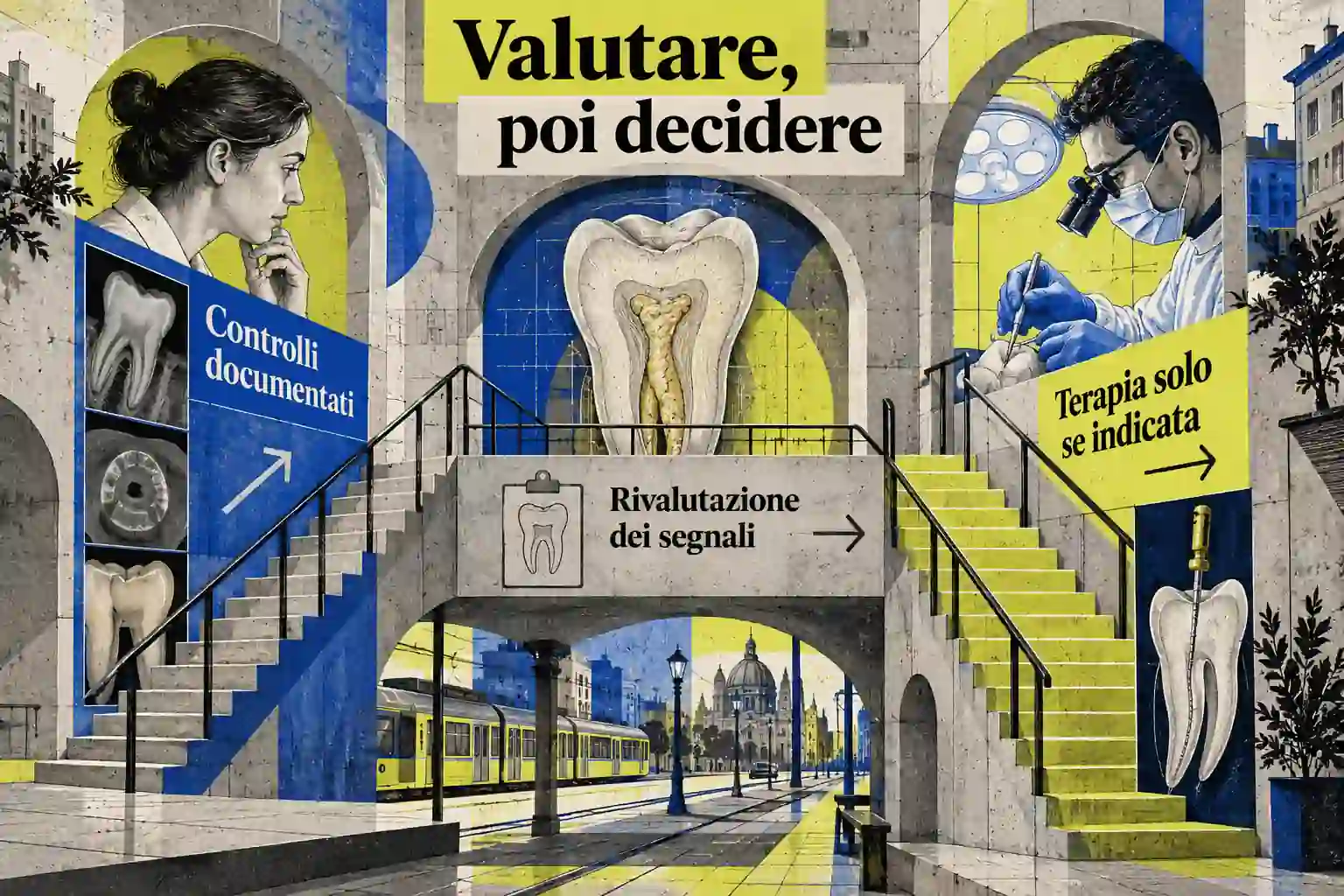 Una scala urbana organizza controlli documentati, rivalutazione e terapia solo se necessaria, con figure odontoiatriche illustrate.