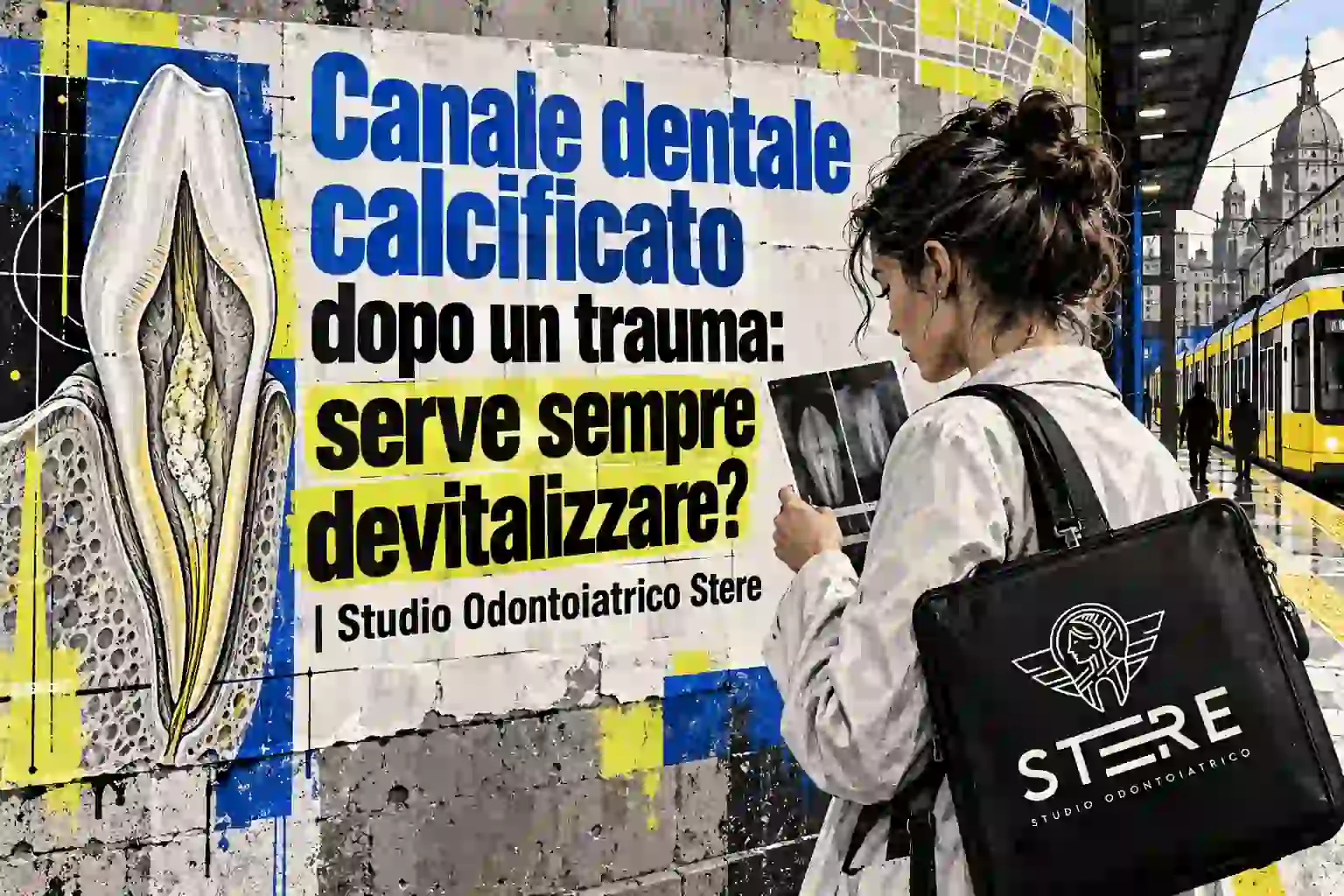 Una donna in stile collage regge schemi dentali davanti al titolo dell'articolo, con una borsa nera recante il logo Stere.
