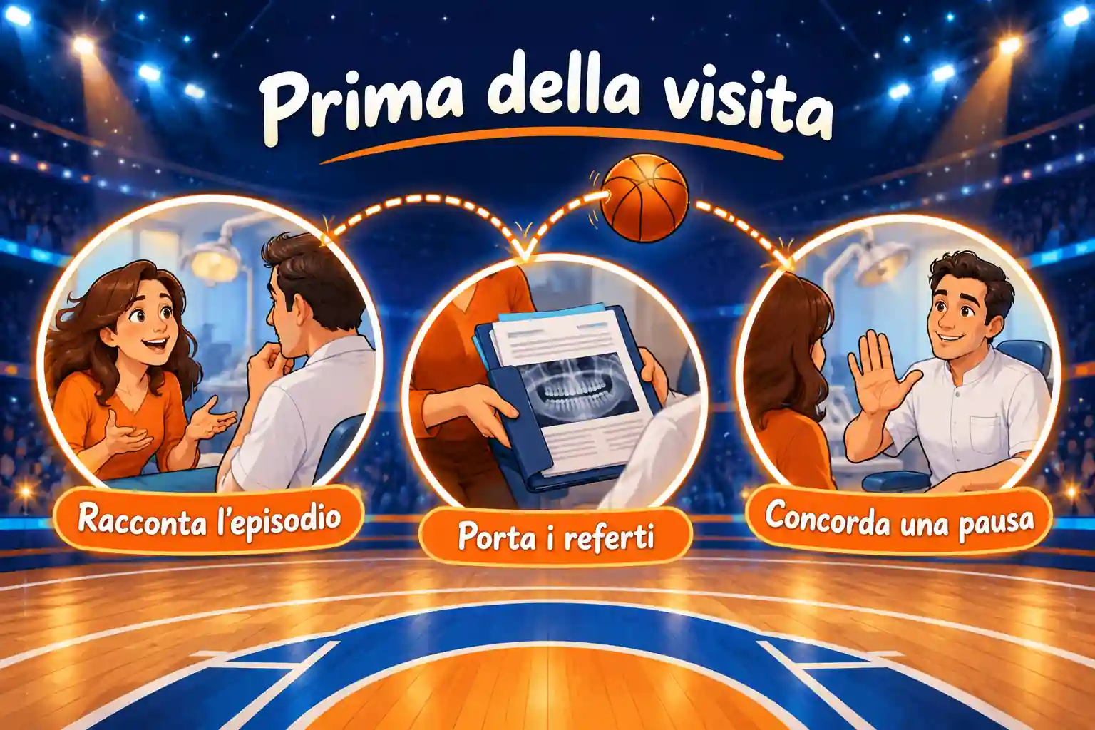Infografica a nodi collegati: raccontare l’episodio, portare le terapie e concordare una pausa prima della visita.