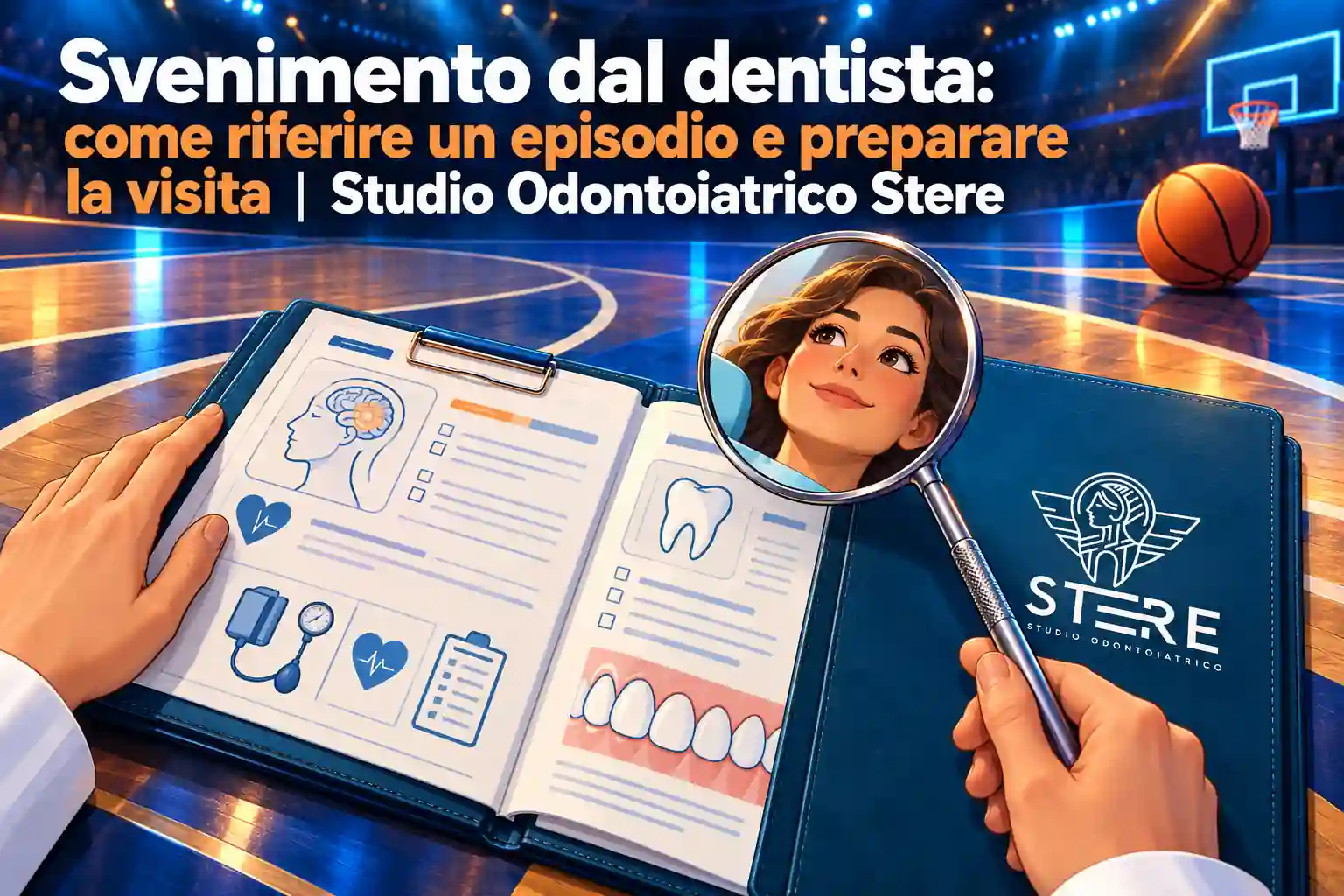 Valigetta Stere e poltrona vuota nella stazione alpina, con il titolo sulla preparazione della visita dopo uno svenimento.
