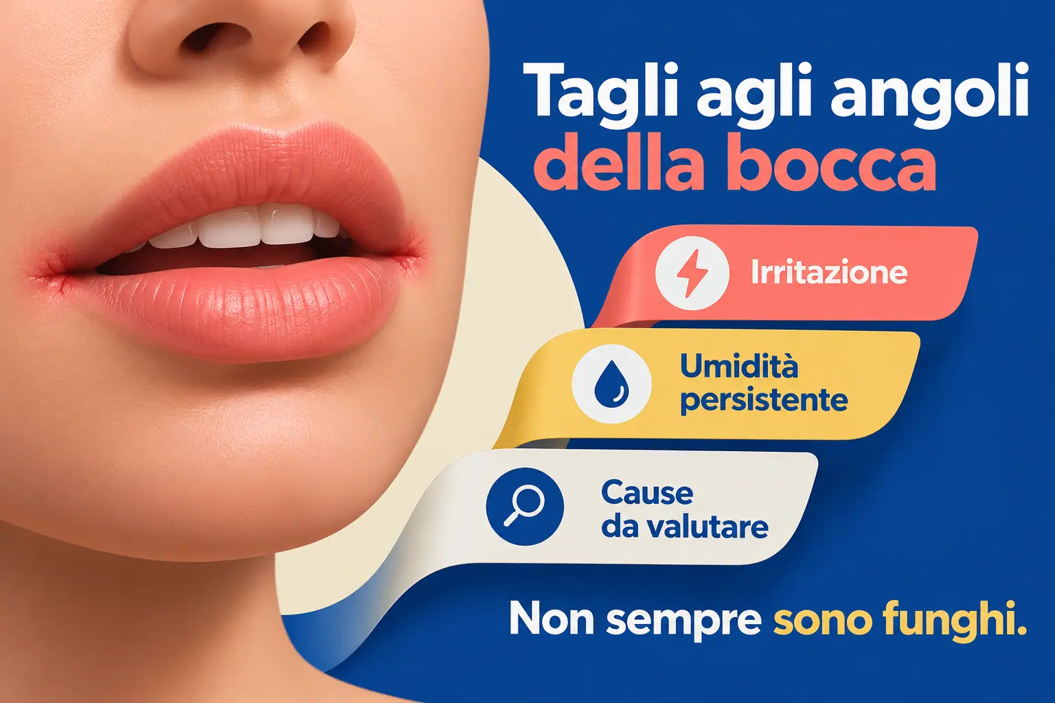 Infografica circolare con dettagli delle labbra, irritazione, umidità persistente e possibili infezioni attorno a un volto illustrato.