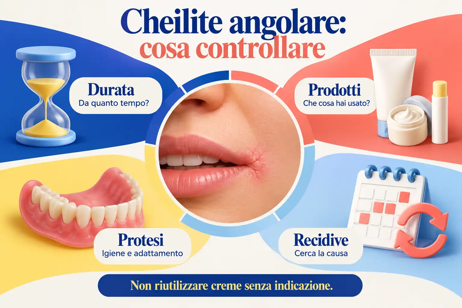 Una scaffalatura organizza quattro aspetti da valutare: pelle, protesi, terapie e fattori predisponenti.