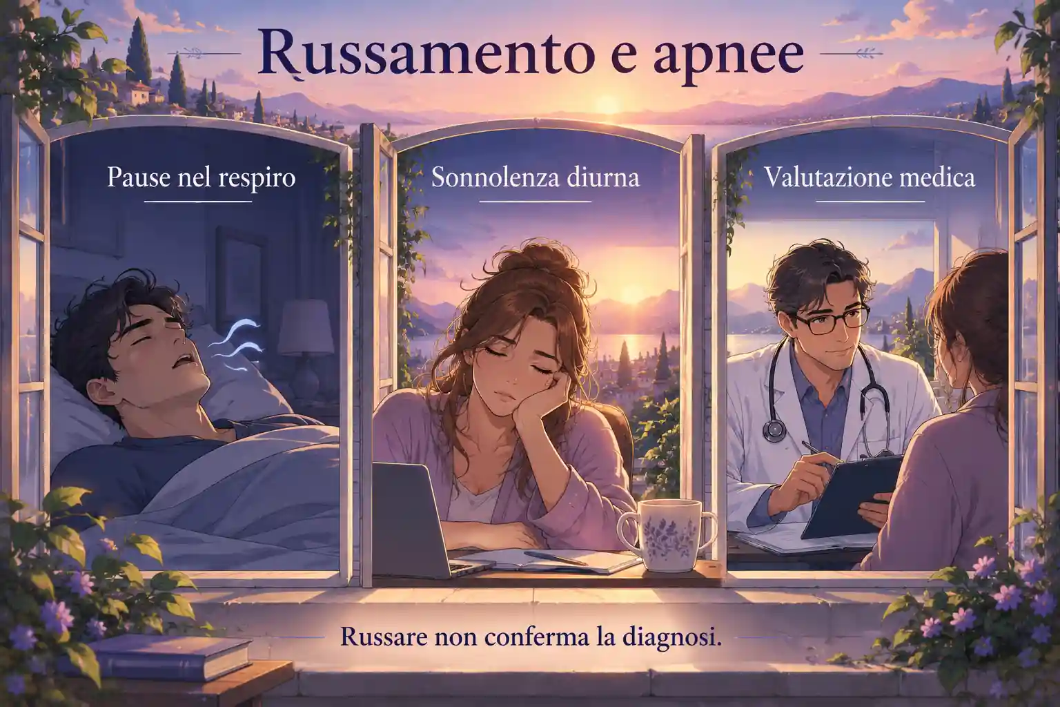 Tre medaglioni collegati tra le stelle mostrano russamento, pause respiratorie e sonnolenza diurna, sopra un modello dentale.