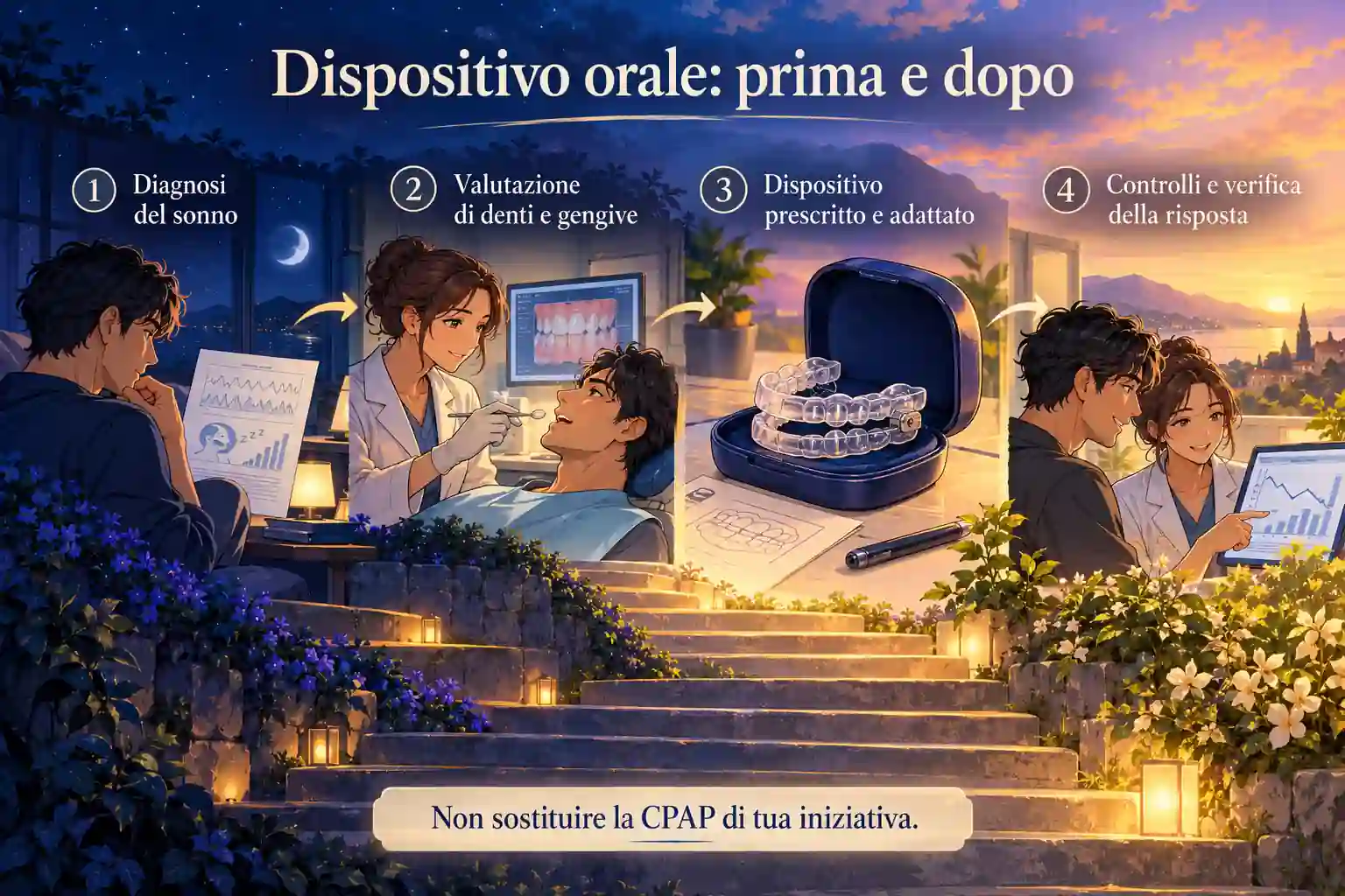 Cinque gradini con pezzi degli scacchi: diagnosi, studio del sonno, idoneità orale, dispositivo se indicato e verifica della risposta.