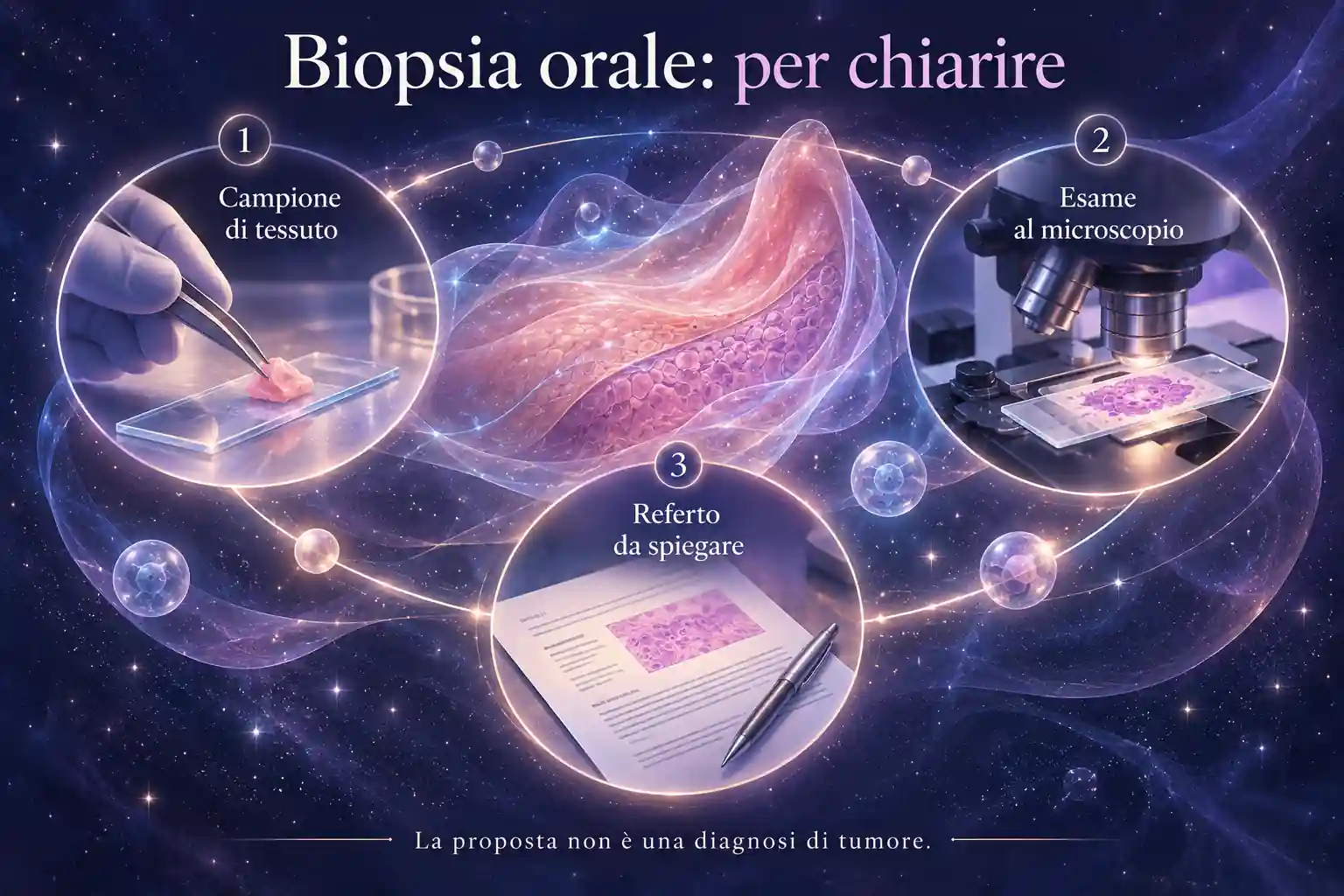 Infografica con modello a strati della mucosa, ingrandimento circolare e microscopio per spiegare lo scopo della biopsia orale.
