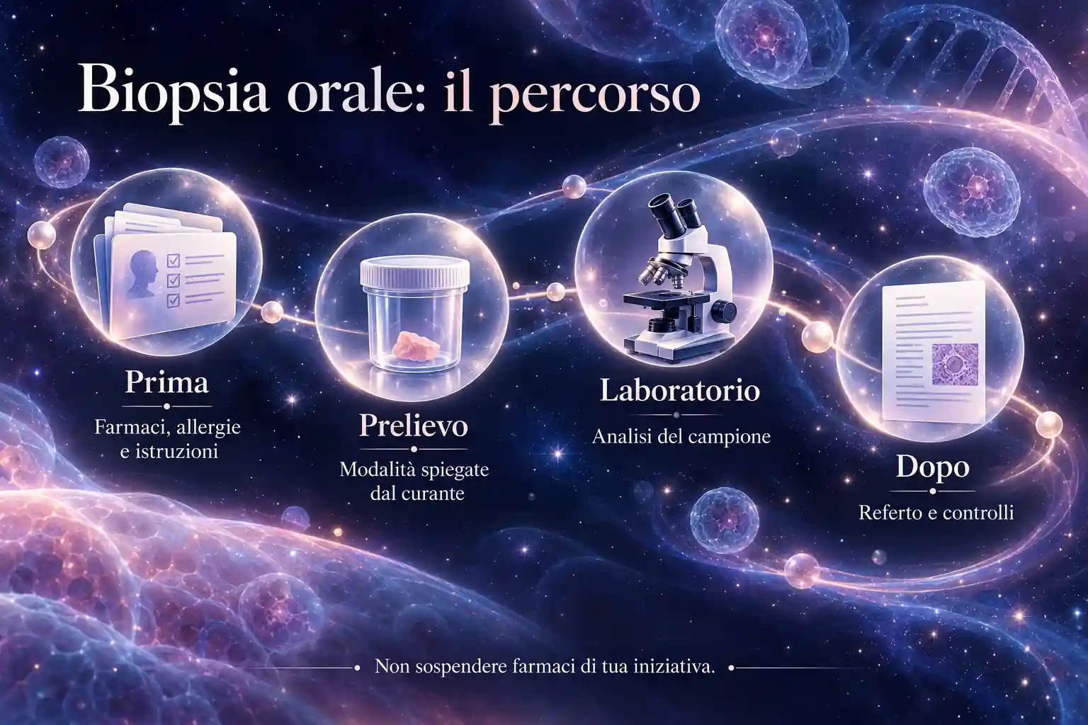 Un nastro a gradini collega valutazione clinica, prelievo indicato, analisi del tessuto, spiegazione del risultato e controlli.