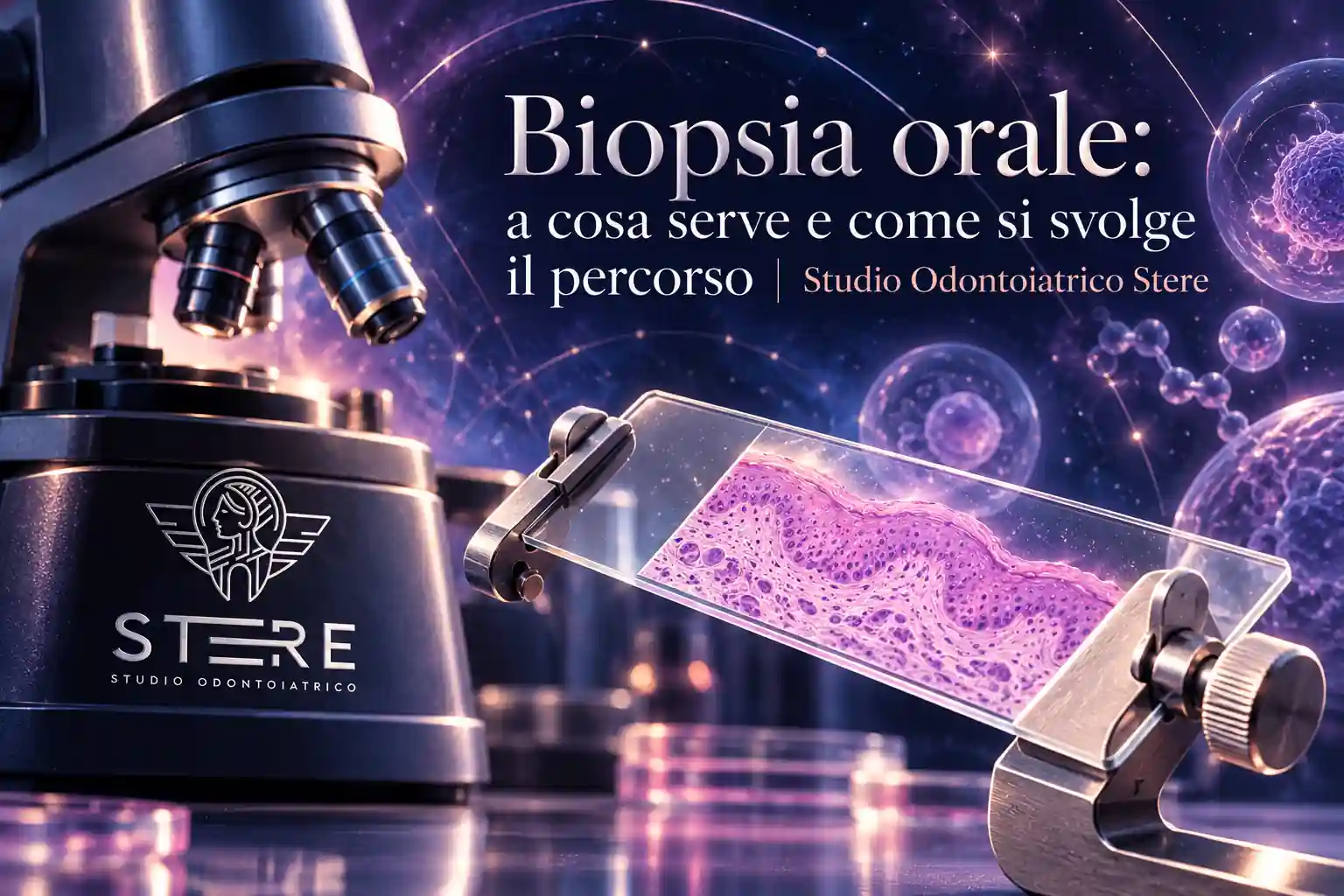 Torre di carta, modello gengivale e cartella Stere su una scacchiera, con il titolo sul percorso della biopsia orale.