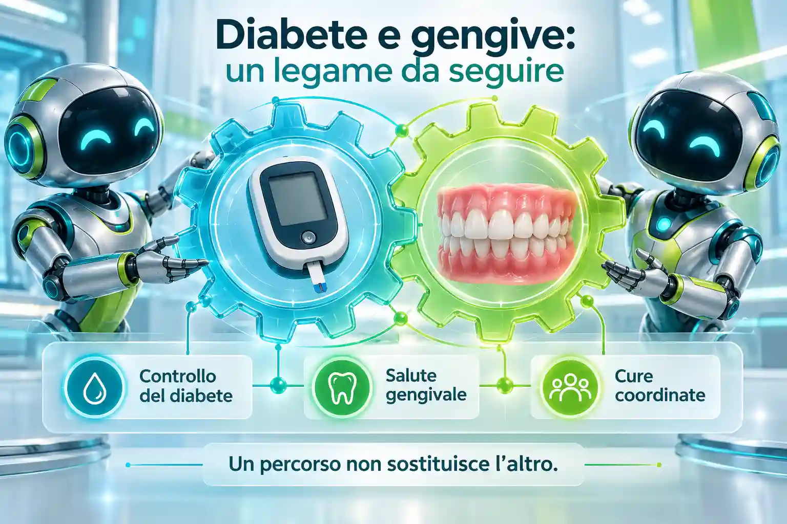 Due circuiti da golf intrecciati collegano simboli della salute generale e un modello delle gengive, con richiamo alle cure coordinate.