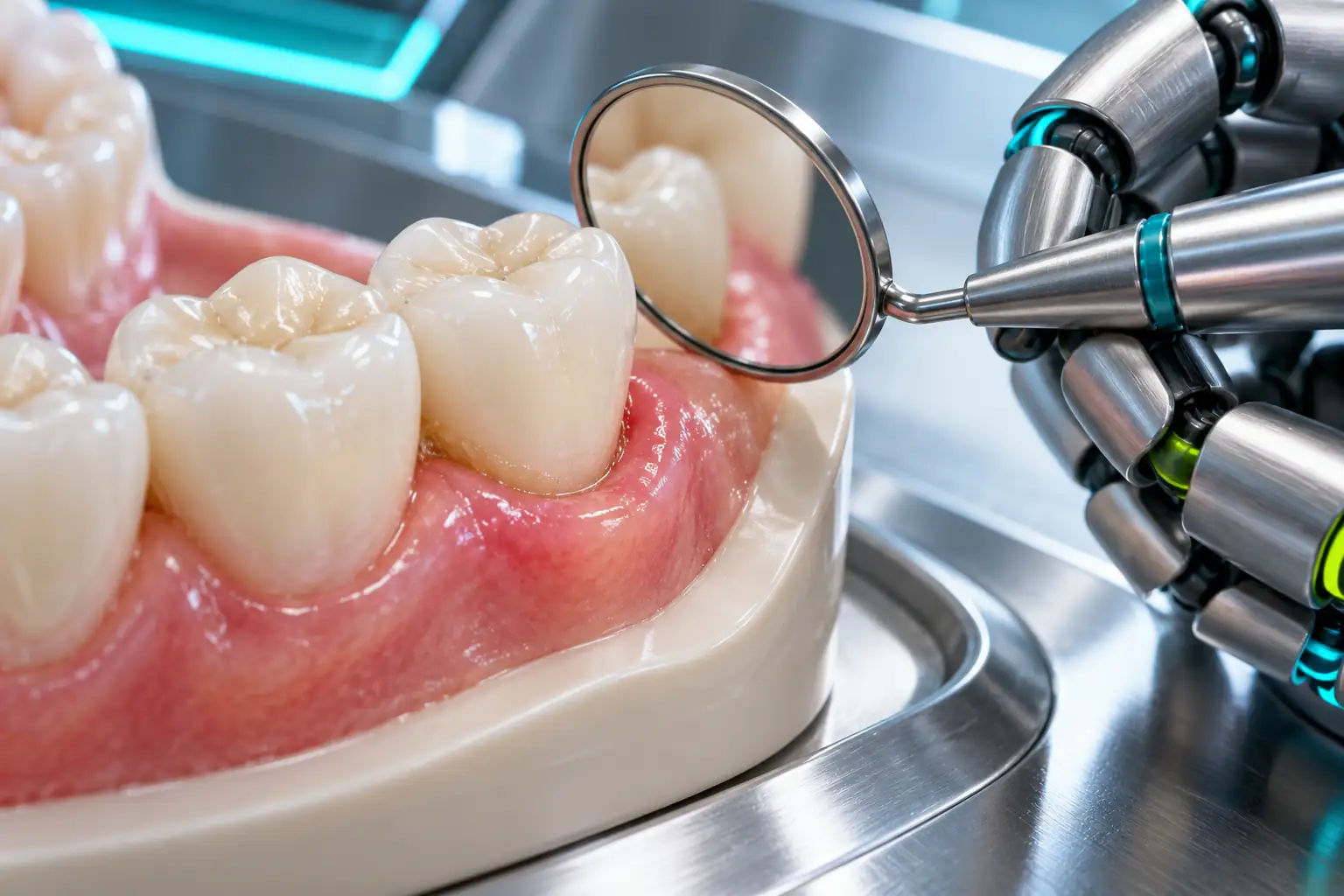 Tre denti in un modello di feltro con gengiva arrossata e una sonda appoggiata al margine gengivale.