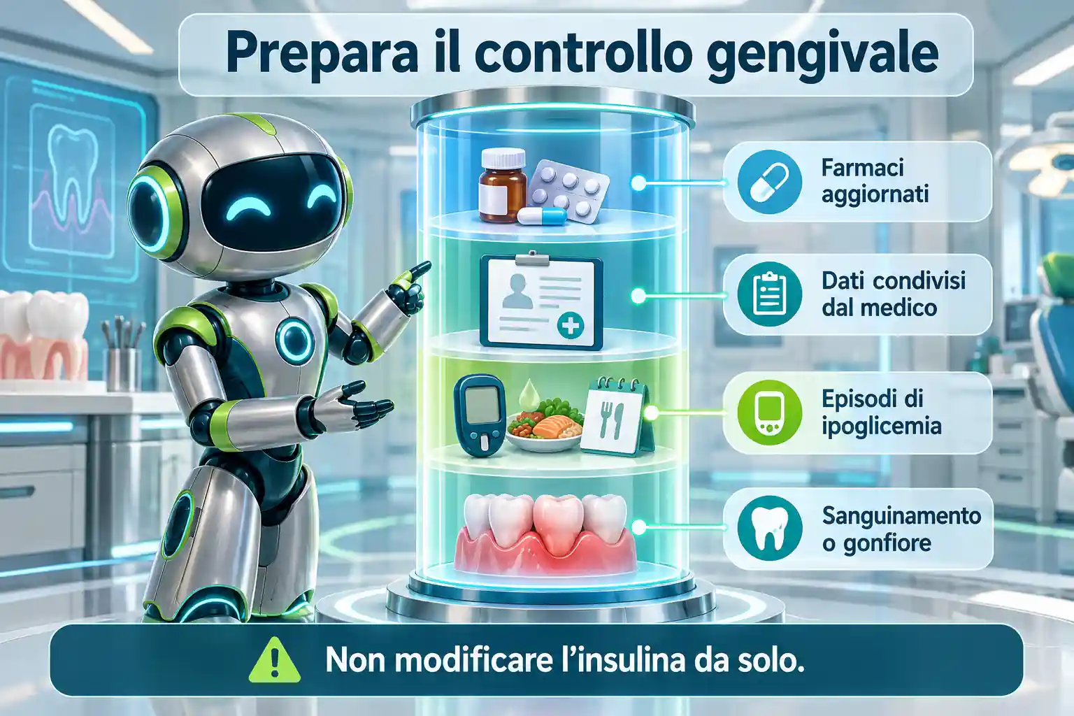 Bandiere su un percorso da golf elencano terapie aggiornate, controlli del diabete, episodi di ipoglicemia e sintomi della bocca.