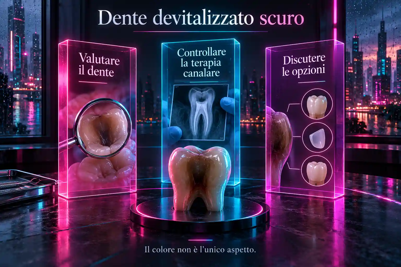 Tre medaglioni mostrano un dente sotto la lente, una scala colori e un piano scritto: salute, colore e valutazione professionale.