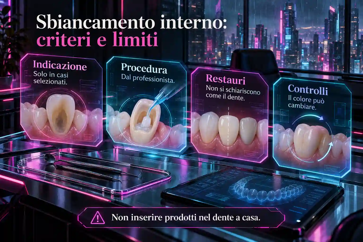 Tre archi illustrano controllo del dente, trattamento se indicato e restauro con rivalutazione; esito e durata sono variabili.