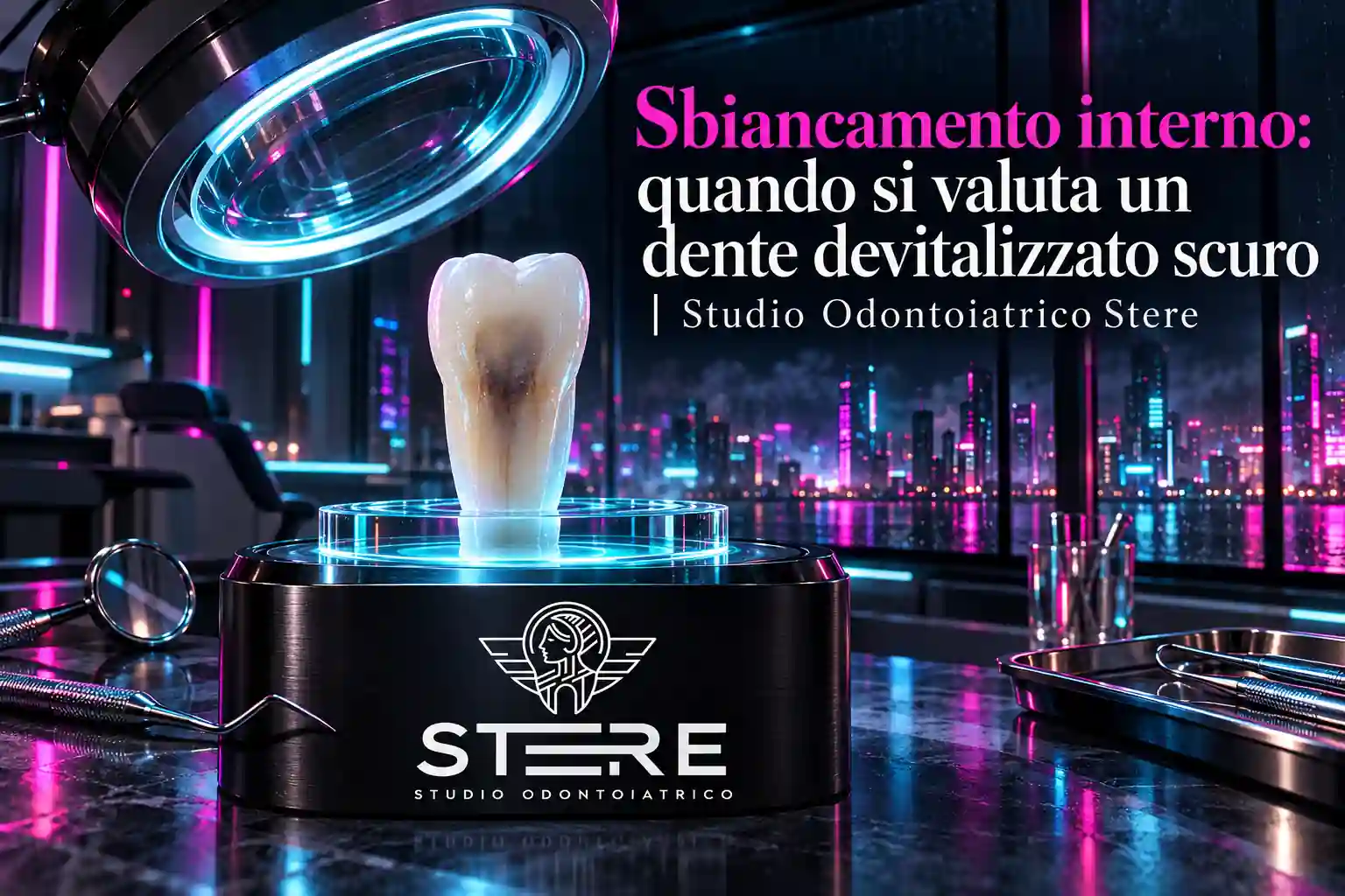 Modello di dente in sezione e sacca rosa Stere, con il titolo sulla valutazione di un dente devitalizzato scuro.
