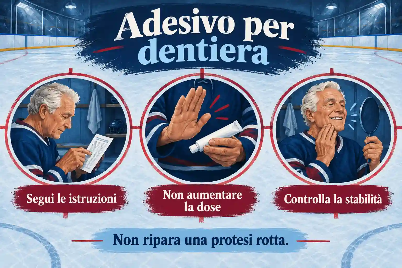 Una mappa illustrata collega lettura delle istruzioni, uso senza eccessi e controllo della stabilità della protesi.