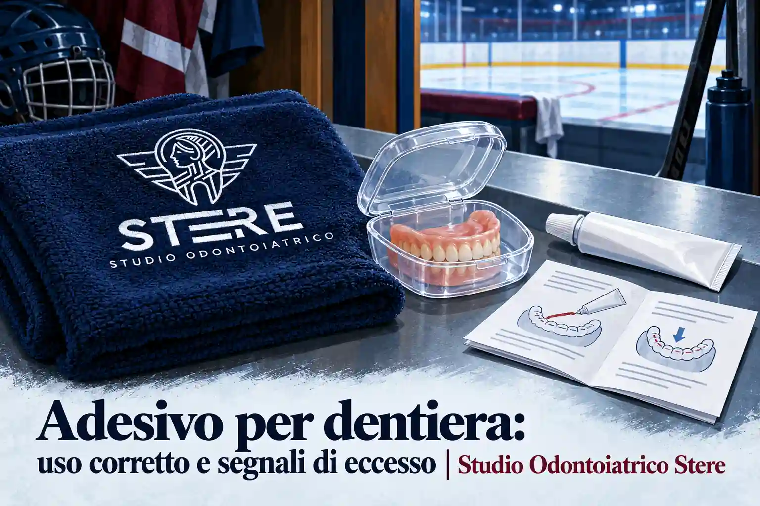 Moto, protesi nella custodia e necessaire Stere al tramonto, sotto il titolo sull’uso corretto e i segnali di eccesso.