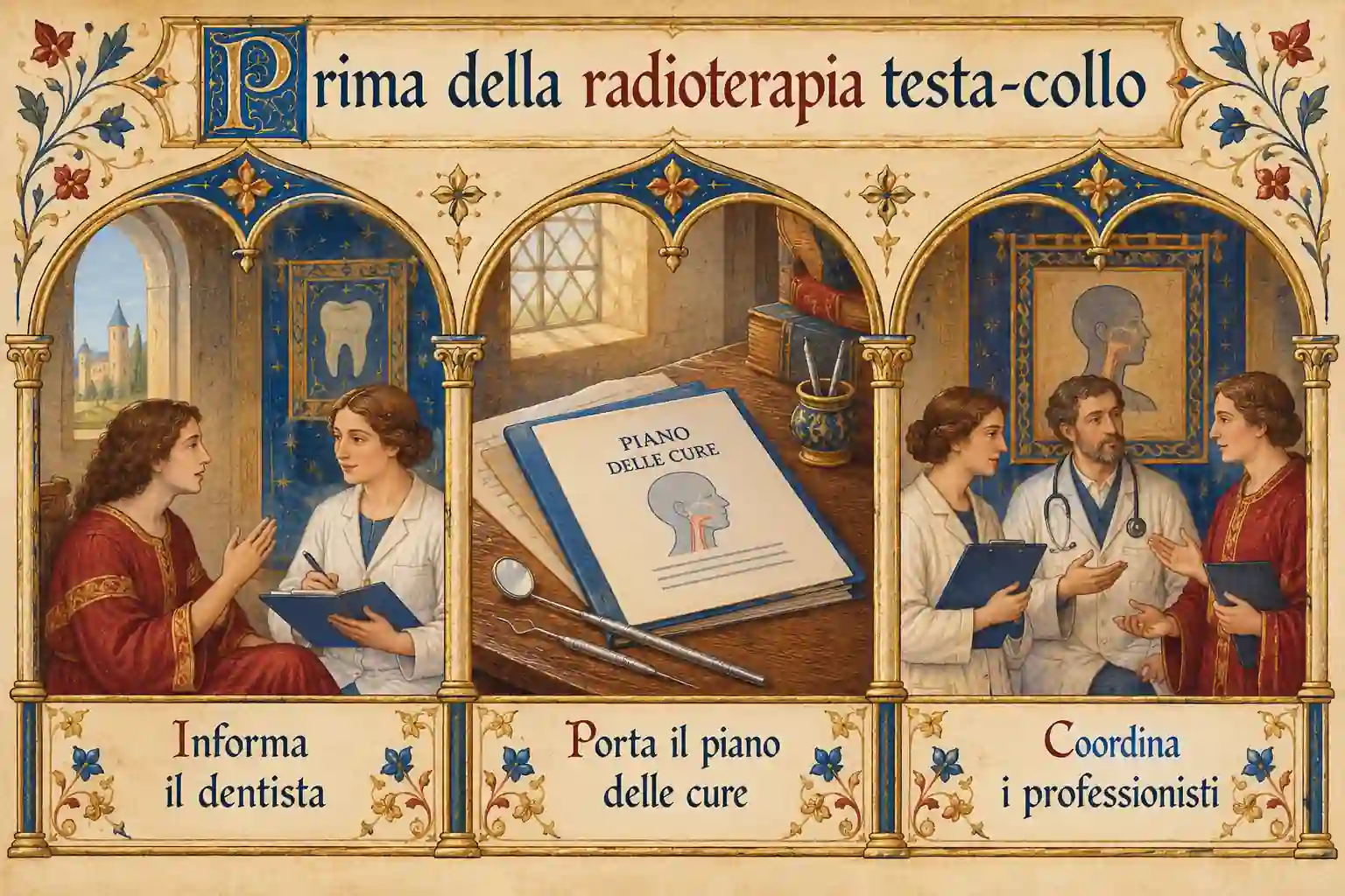 Un ponte collega cartelle e modelli della bocca; tre passaggi indicano di avvisare il dentista, condividere il piano e concordare la prevenzione.