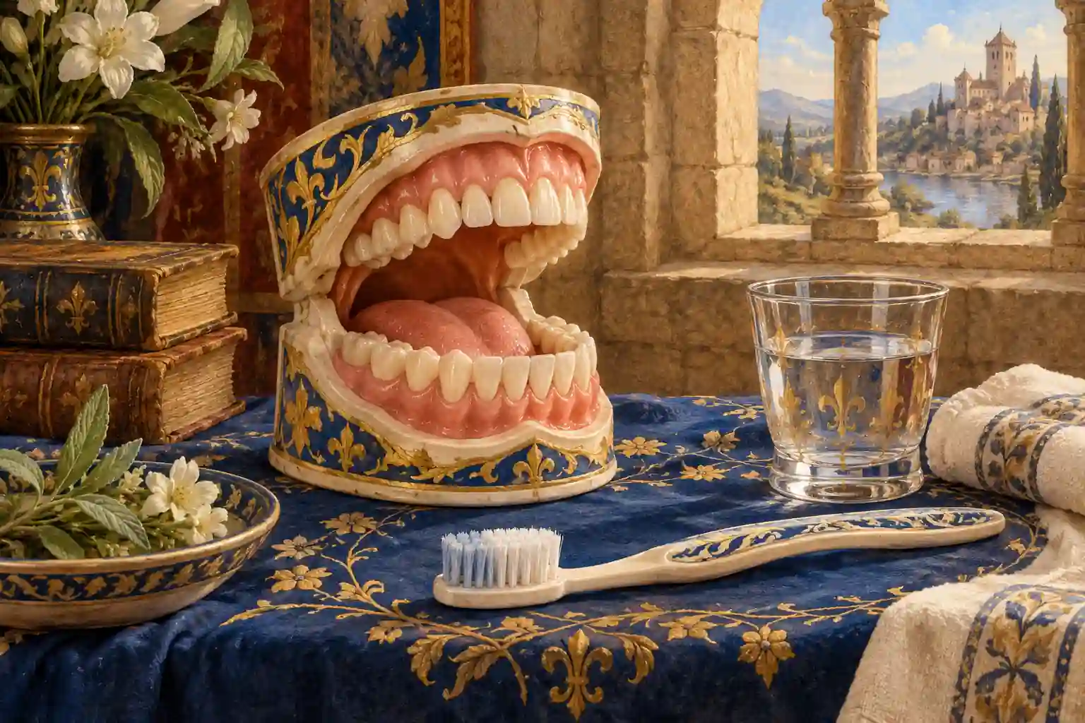 Spazzolino morbido, bicchiere d’acqua e modello anatomico della testa in primo piano, con una moto sullo sfondo.