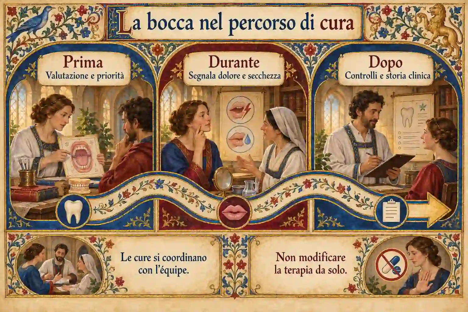 Infografica verticale: valutare la bocca, segnalare i disturbi e mantenere i controlli, senza modifiche autonome alle terapie.